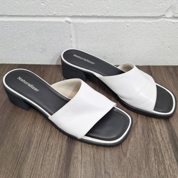 Naturalizer Spangle White Black Leather Square Toe Block Heel Slide Sandals 9.5M - Picture 3 of 7